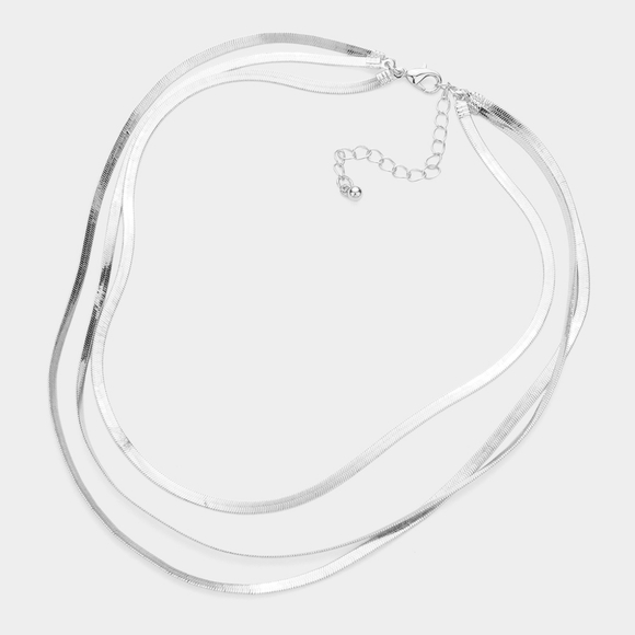 Silver Triple Layered Bib Herringbone Necklace Chain Snake Simple Chic Metal - Picture 2 of 2